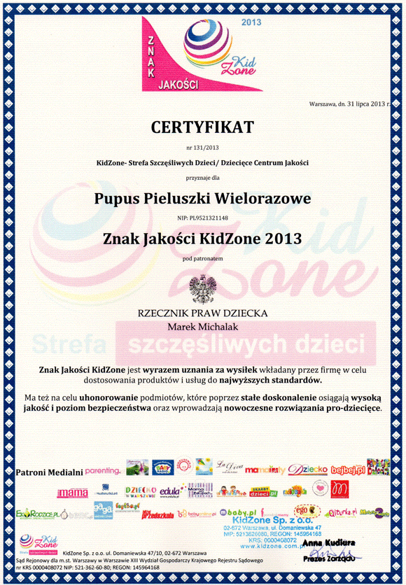 Certyfikat KidZone dla Pupus!