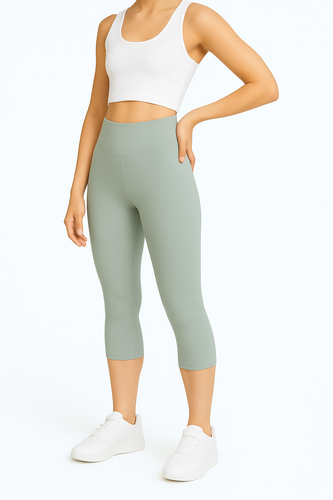 3/4-Leggings mit hohem Bund - Salbeigrün