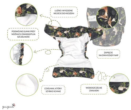 Pocket diaper, double-row snaps, OS, BUGS